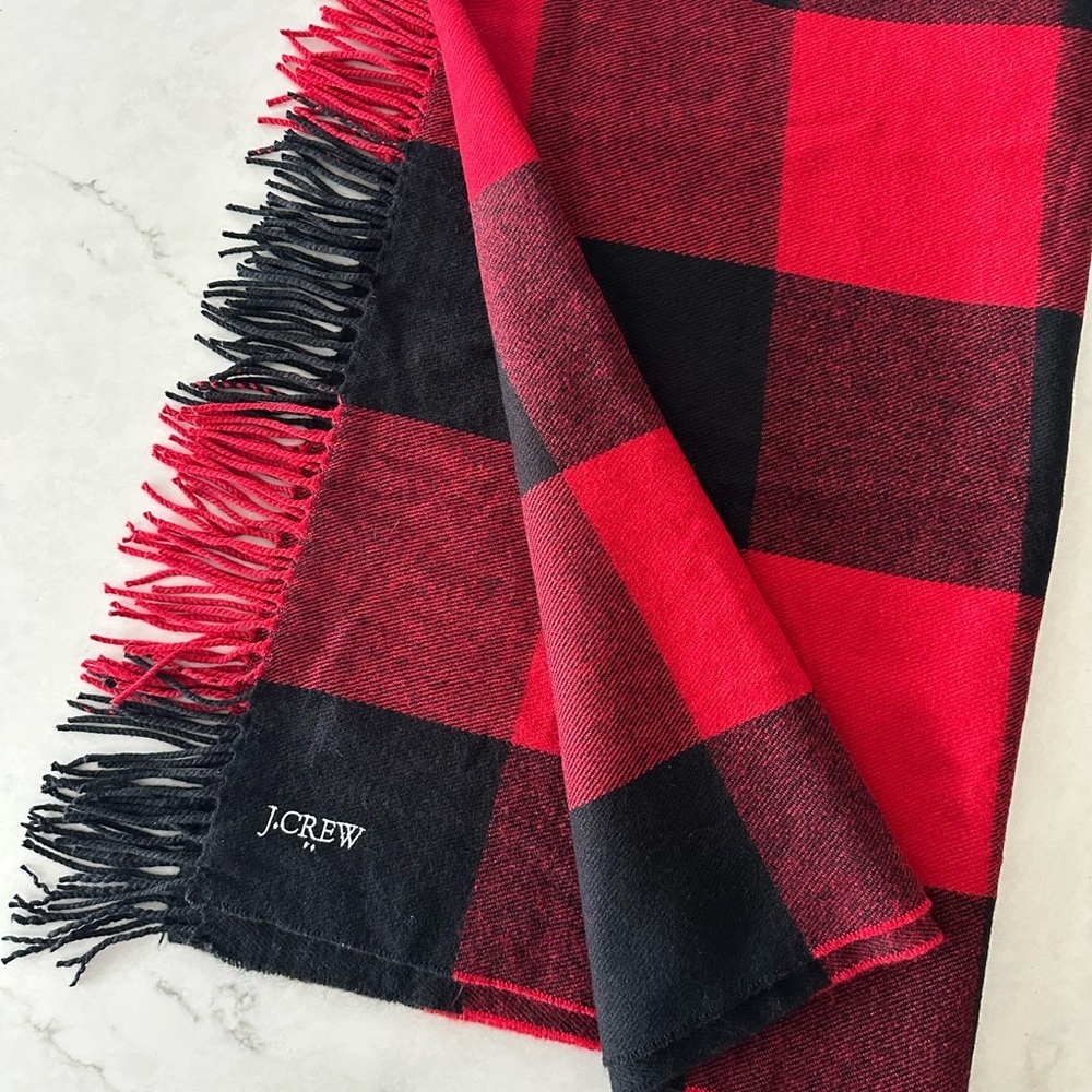 J. Crew Vibrant Red and Black Checkered Throw Blanket